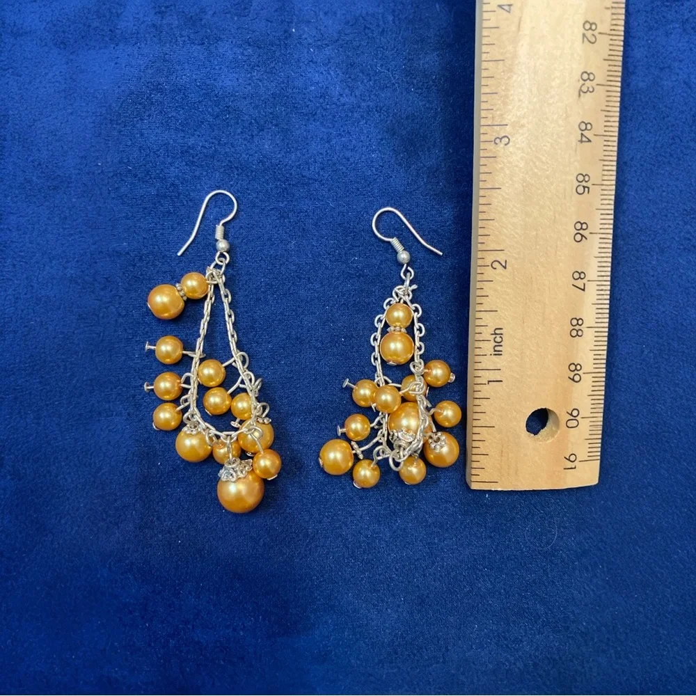 Estate Dangle Cluster Earrings – Gold Pearl Bead & Silver Chain Drop Style